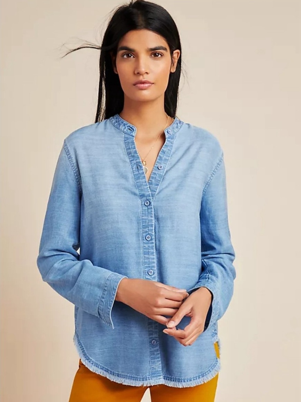 Anthropologie Cloth & Stone Light Blue Chambray Button-Down Band Collar Top